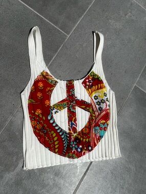 White Ribbed Tank Top with Red Floral Peace Appliqué